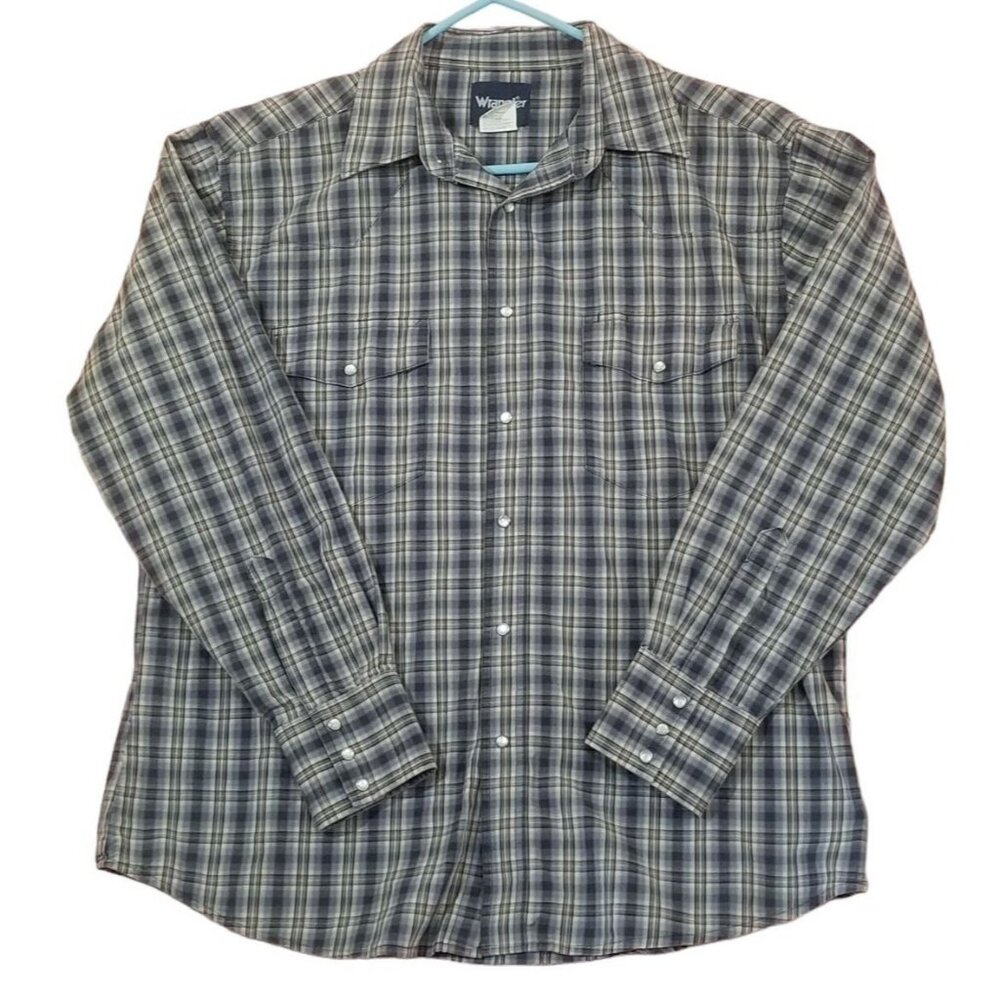Vintage Wrangler Mens Shirt‎ XL Western Pearl Snap Long Sleeve Blue Plaid